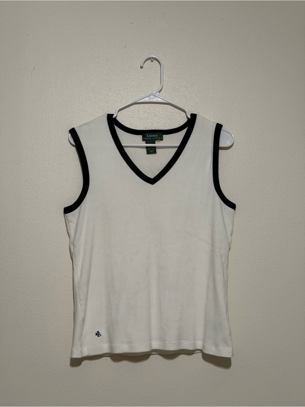 Ralph Lauren White Sleeveless V-Neck Tank with Black Trim